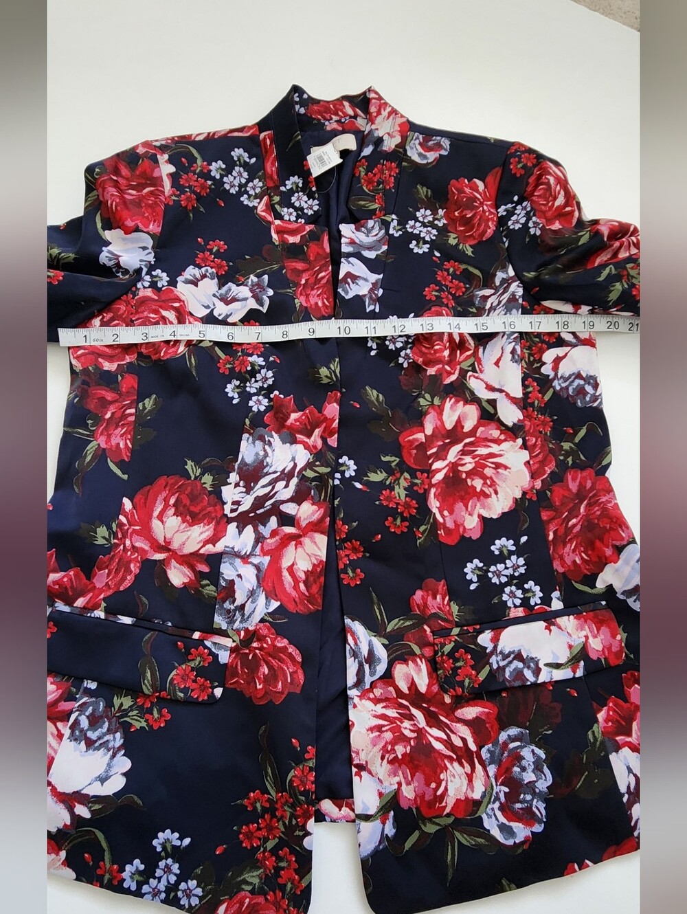 LOFT Outlet Floral Open Front Blazer Jacket Tie Sleeves Navy Blue MP